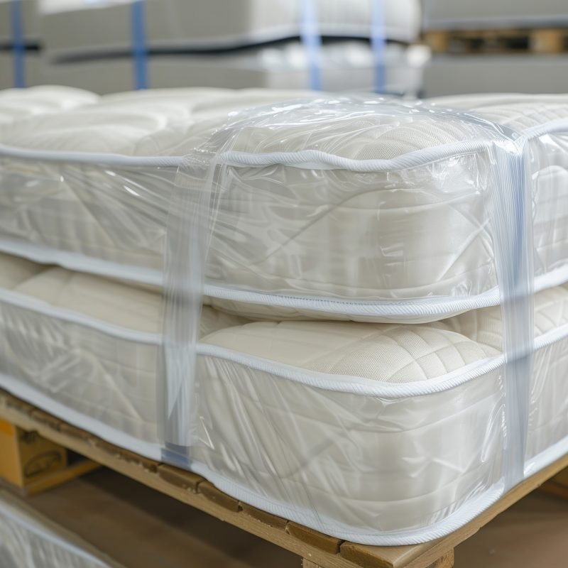 Brand new spring mattresses rolled and packed from top view